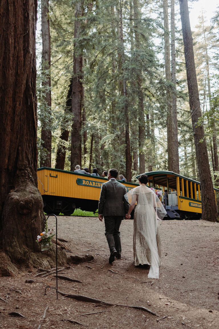 newlyweds walk back to a steam train in the redwoods after their wedding ceremony