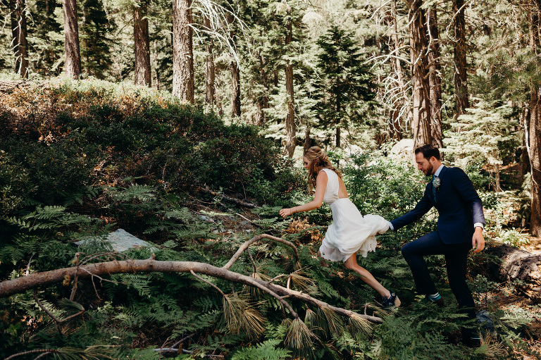 Hiking bride and groom mountain wedding