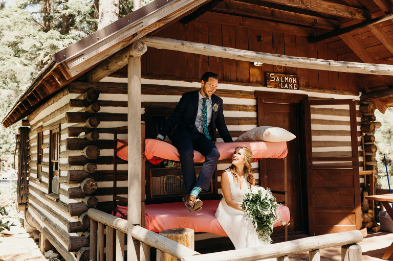 Log cabin summer camp wedding portraits