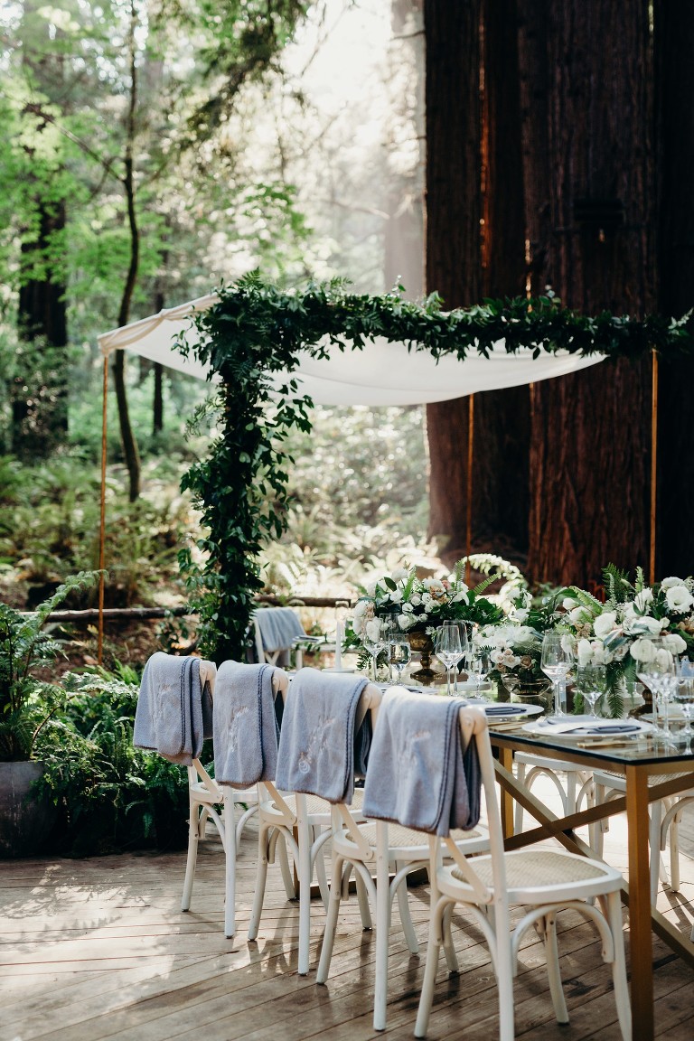 modern glass tables at the redwood forest wedding reception