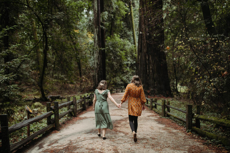 couple exploring old growth redwood trees in felton, california