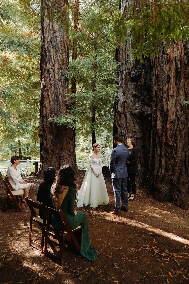 Intimate wedding ceremony in the Fairy Ring and Bridge House at Glen Oaks Big Sur